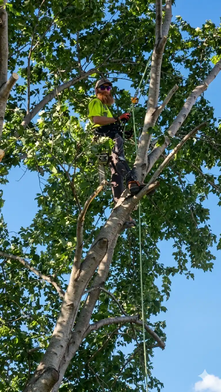 Arborist Dylan Patterson using professional rigging and a chainsaw to safely dismantle a large tree at a residential job site.