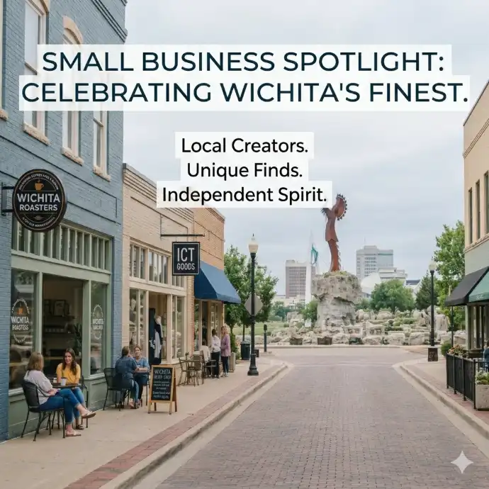 A clean, modern graphic featuring the text in bold, elegant typography. The background is a soft-focus collage of local Wichita textures—like brick and wood—with an overlay of minimalist icons representing makers and independent shops.